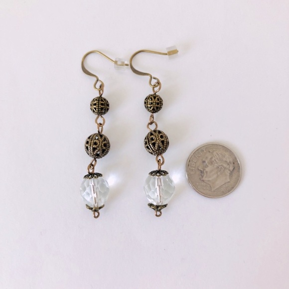 Crystal & Brass Filigree Earrings, Handmade, Antique Brass, Victorian, Baroque - Picture 4 of 7